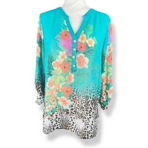 Soft Surroundings Tunic Top Womens Size Medium Sheer Floral Animal Print Boho‎